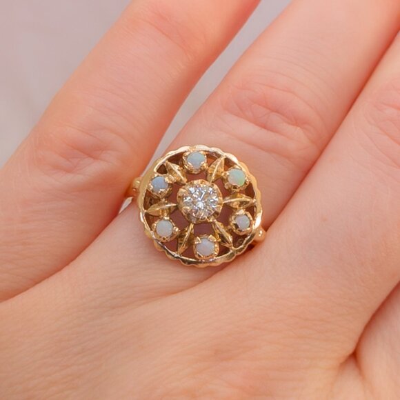 Vintage 14k Gold Rosette Ring · .25 ct Diamond + Opal Halo · Sz 6 ½ - Picture 15 of 16